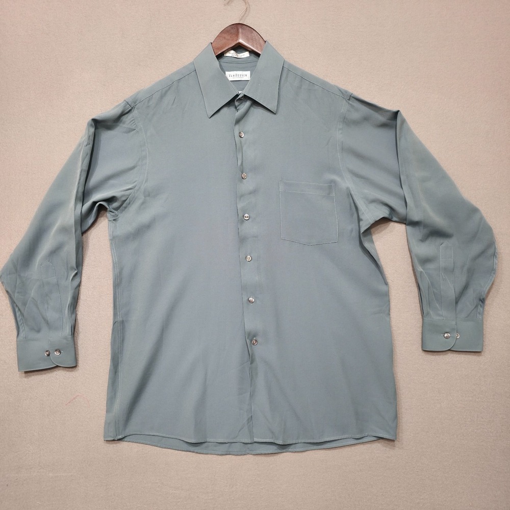 Van Heusen Men's Super Silk Green long Sleeve Dress Shirt Size 16-32/33‎